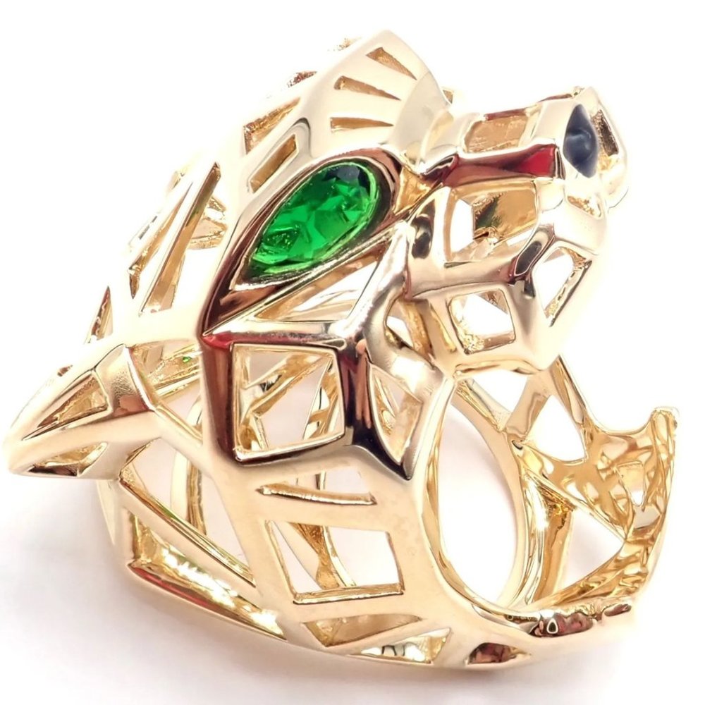 Authentic! Cartier Panther Panthere 18k Yellow Gold Tsavorite Onyx Large Ring - Picture 4 of 12